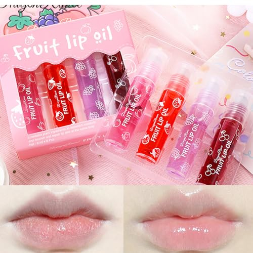 4PCS Roll On Lip Gloss,Huile À Lèvres Transparente fruitées, Baume À Lèvres Nourrissant et Hydratant,Roll-on Lip Gloss Enfant (Pêche, Fraise, Raisin, Cerise)