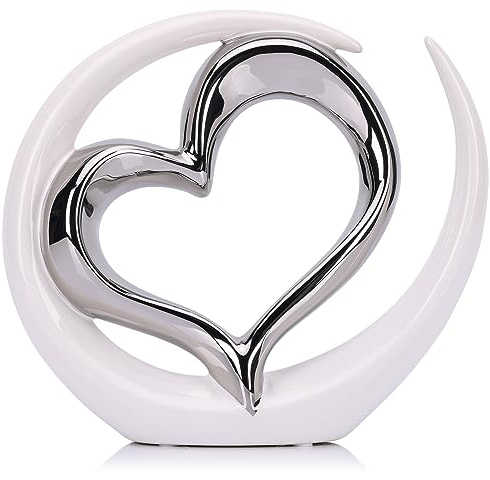Decorazione a forma di cuore in porcellana, bianca e argento, decorazione per la casa per soggiorno, ingresso, caffè, tavolo da pranzo, mensole, matrimonio, San Valentino, per coppie e amanti,