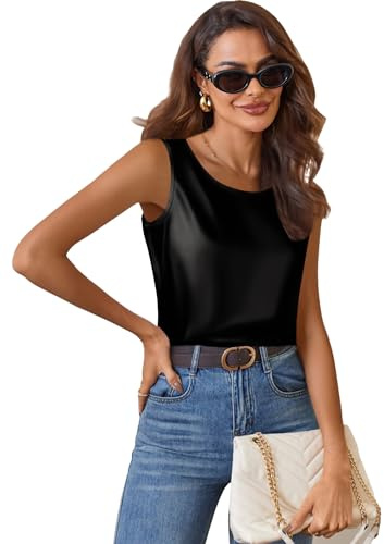 Black Satin Camisole for Women Silk Tank Tops Summer Vest Elegant Cami L