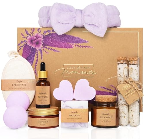 Self Care Moments Birthday Gifts for Her with Lavender - 12 Piece Luxury Spa Gift Set for Women - Relaxation Pamper Hamper Bath Set Kit - Pamper Gifts for Women