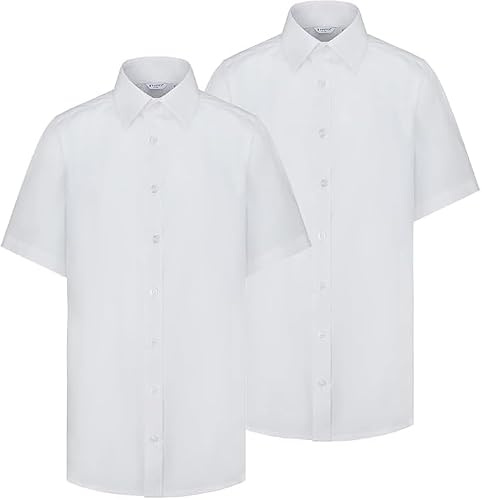 Trutex Boys White Short Sleeve School Shirts, 2 Pack – Regular Fit Easy Iron Cotton-Rich Button Down School Uniform Shirts – Age 12 (2 Pack)
