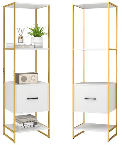 HOMASIS Libreria da Parete a 4 Ripiani e Cassetto, Libreria Verticale a Colonna da Terra in Legno, Struttura in Metallo, Scaffale ad Angolo per Soggiorno, Studio, Cucina, 45 x 35 x 160 cm (Bianco)