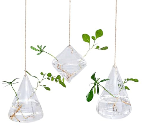 ZHDOKA 3 Maceteros Colgantes de Cristal, Estaciones de Propagación de Plantas Transparentes, Mini Jarrones Hidropónicos Modernos para Colgar en la Pared con Cuerdas para