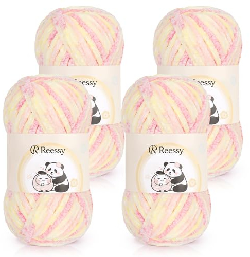 Reessy Chenille Yarn 400g, Super Soft Chunky Wool for Knitting-Macaron | Fluffy Velvet Chenille Wool Ombre, Rainbow Thick Yarn Chunky Wool for Knitting Exquisite Crafts, Amigurumi, Baby Blanket