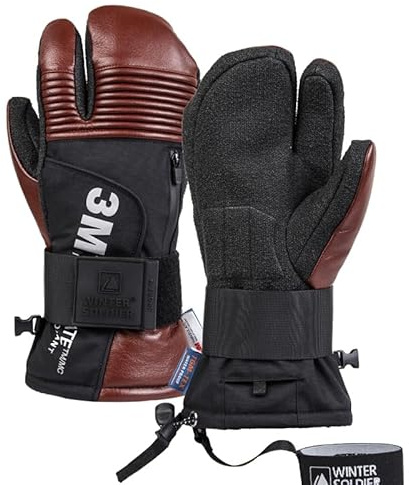 Harssidanzar Mitaines de ski en cuir pour l'hiver Three Fingers en peau de chèvre,thermiques et imperméables pour le snowboard pour hommes et femmes KM067EU,Marron,Taille M