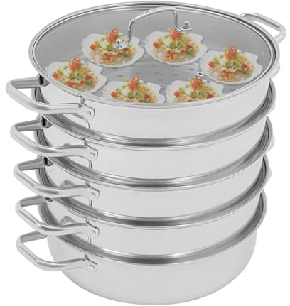 Olla a presión de acero inoxidable 304, 32 cm, 5 niveles, con tapa de cristal, apilable de 18 L, para inducción y cocina de gas, olla de vapor grande para verduras, pescado, dim sum y mariscos