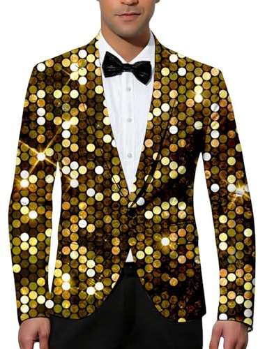 WAZHAKU Blazer con paillette, giacca da uomo con brillantini, colore oro, slim fit, feste, smoking, carnevale, costume da uomo, costume da discoteca, elegante motivo di carnevale, R3, L