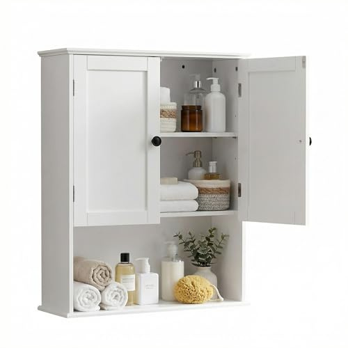 elnure Bathroom Wall Cabinet – 2-Door Moisture Resistant Storage Unit with Adjustable Shelves, Space-Saving Over The Toilet Organiser for Bathroom, Kitchen & Laundry (75x21x60cm)