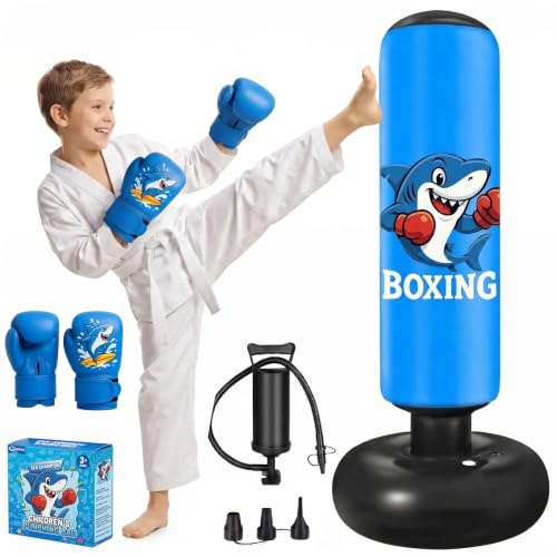 Qoosea Punching Bag for Kids Age 3-8, 130cm Free Standing Inflatable Punching Bag with Boxing Gloves and Pump, Kid Punch Bags Gym Equipment, Special Christmas Birthday Gifts for Boys Girls