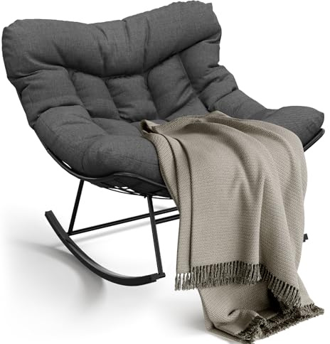 NELLCREEK Chaise Bascule Papasan œuf Oversize 175kg | Coussin épais, cadre métal robuste, pour jardin, patio, balcon, véranda. Noir + coussin gris.