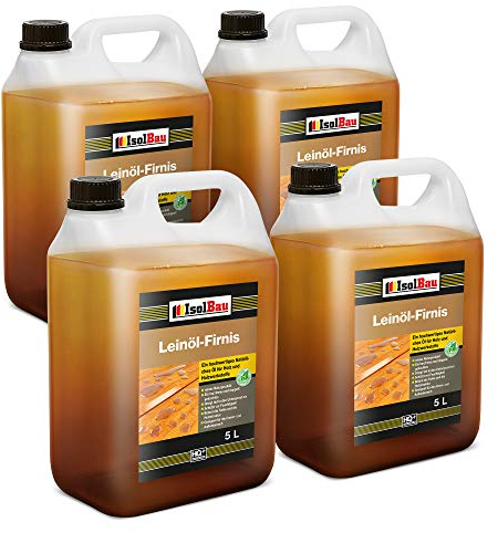 Isolbau Leinöl-Firnis - 4 x 5 Liter - Leinöl für Holz - Holzschutz für Außen und Innen Wetterfest - Doppelt gekochtes Holzöl als natürlicher Schutz für Möbel - Wasserabweisend