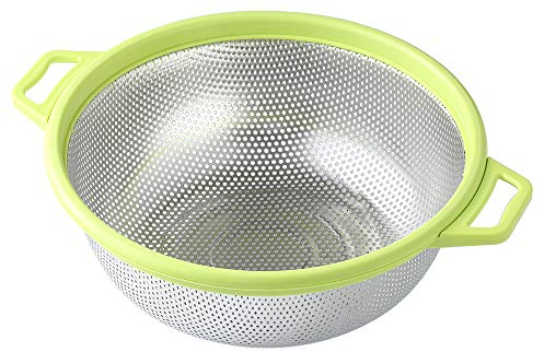 HiramWare Stainless Steel Colander With Handle and Legs, Large Metal Green Strainer for Pasta, Spaghetti, Berry, Veggies, Fruits, Noodles, Salads, 5-quart 10.5” Kitchen Mesh Colander, Dishwasher Safe