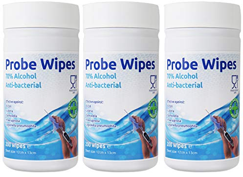 Antibacterial Wipes - 3 x Tubs of 200 Alcohol Wipes for Cleaning Surfaces and Kitchen Food Probes – Disinfectant Sterile Probe Wipes Food Safe