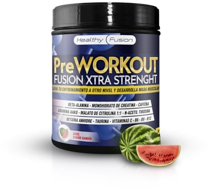 Healthy Fusion Pre Workout Xtra Strenght | Pre Entreno en Polvo Creatina y BCAAS, Beta Alanina, Cafeína, Taurina, Arginina | Energía, Fuerza y Resistencia | Pre Entrenamiento Gym Alto Rendimiento 300g