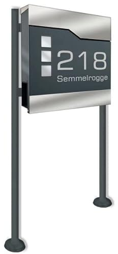 Briefkasten in anthrazit incl. Standfuß und Beschriftung - aus pulverbeschichtetem Stahl mit Zeitungsrolle und Sichtfeldern