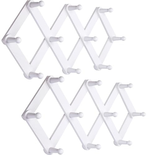 AMAPON Expandable Coat Rack Accordion Wood Wall Hanger 10 Pegs Hook Hang Hat Cap Coffee Mug Towels Leash Scarf Umbrella Bag (White) 2 Pack