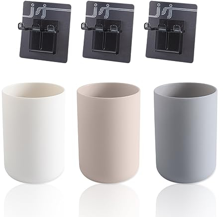 3 bicchieri per risciacquo con 3 ganci per spazzolino da denti, in plastica alimentare, porta spazzolini da bagno, scatola per accessori (bianco, grigio, colore caffè)