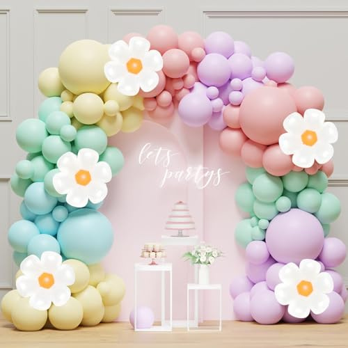 Kit Arco Palloncini Colorati, 136Pezzi Arco per Palloncini con Palloncini Colorati e Margherita, Palloncini Arcobaleno Pastello per Decorazioni Compleanno, Battesimo Bimba, Nascita Bimbo, Baby Shower