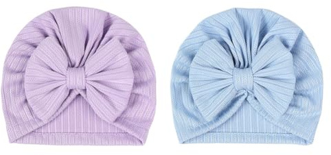 Hrlace 2 stycken babymössor för nyfödd babymössa, mjuk babyturbanmössa med rosett, infant, beanie, mössa, spädbarn, flicka, pojke, mössa för baby, nyfödda, småbarn, ljuslila ljusblå