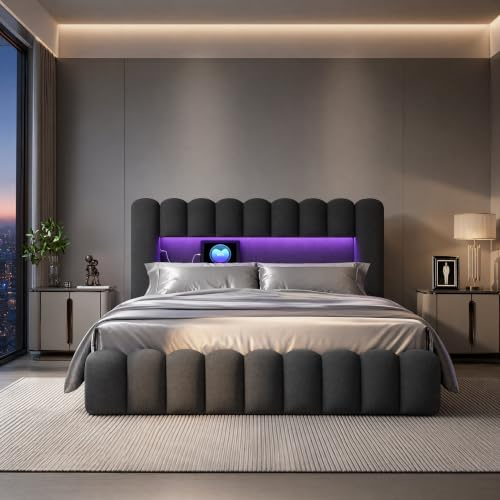 YNYHTER Cama con USB y Luz Led, Cama Matrimonio 180x200 led con Almacenaje y Cargador Cama Tapizada con Espacio de Almacenamiento Cama Hidráulica con Cabecero Tejido de Lino (Gris Lino, 180x200 cm)