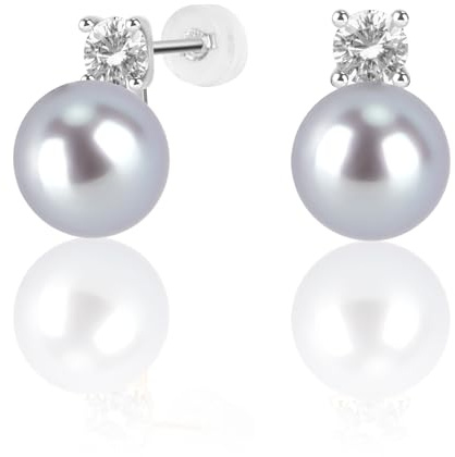 AAAAA+ 9mm Grey Round Pearl Stud Earrings, 18K Gold Post