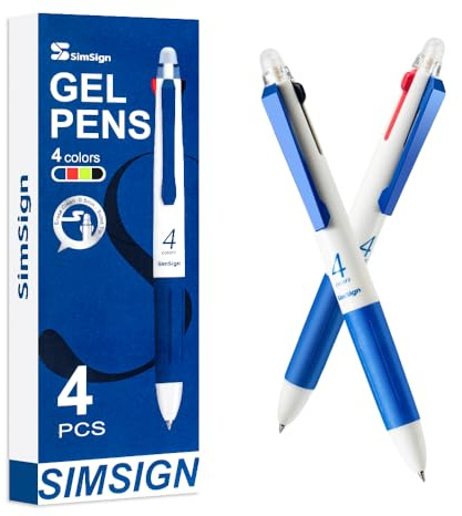 SimSign Erasable Gel Pens Multicolour 0.5mm for Writing, 4 Colour Pen (Blue, Black, Red, Green) All in One, Rub Out Pens, Pack of 4