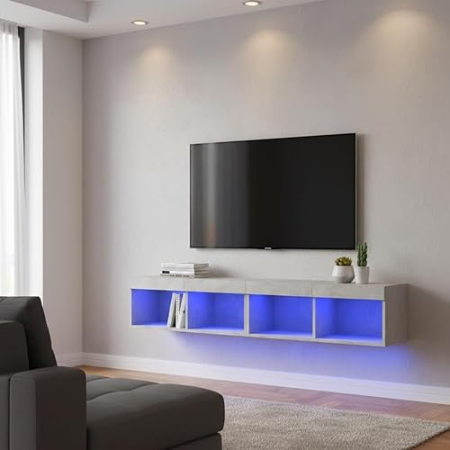 Canditree 2 Pcs Floating TV Stand with LED Lights, 160 cm Floating TV Unit, Wall Mounted TV Cabinet Entertainment Center for Living Room (Concrete Grey)
