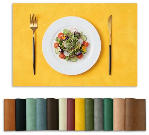 Artoid Mode Amarillo PU Faux Leather Manteles Individuales Set de 6, 30x45cm Repelentes a la Suciedad Resistentes al Calor Manteles Individuales Decoración de Cocina