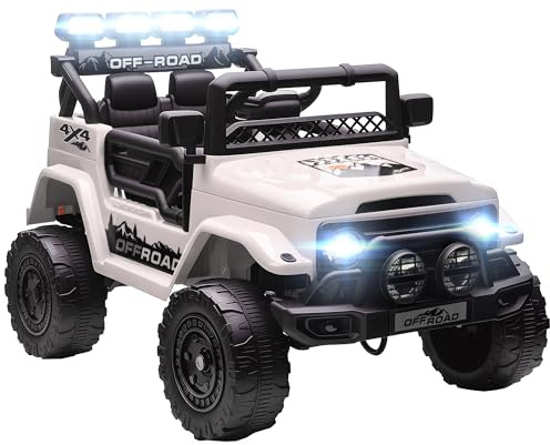 AIYAPLAY Macchina Elettrica per Bambini 3-5 Anni, 12V Fuoristrada Auto Elettrica per Bambini con 2 Motori, Sospensioni, Telecomando, USB, Musica, Wireless, Cintura, Fari e Clacson, 3-5 km/h, Bianco