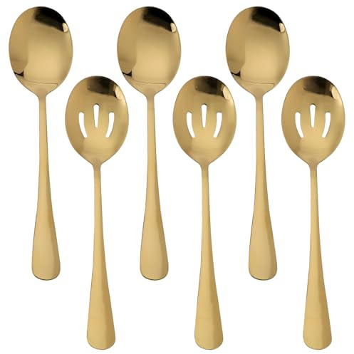 6 Pcs Gold Serving Utensils Set, 8.7 Inch Stainless Steel Gold Serving Spoons, Includes 3 Spoon and 3 Slotted Spoon, Buffet Banquet Large Utensils Cutlery Set, Mirror Polished, Dishwasher Safe