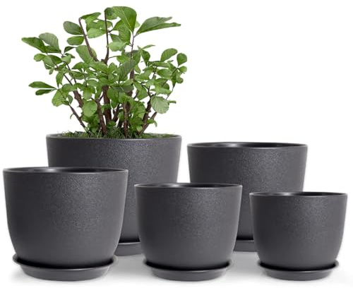 MUAEEOK Set of 5 Plant Pots 25/23/20/18/16 CM, Modern Decorative Plastic Planters with Drainage Holes and Saucers Plastic Flower Pots Nursery Planting Pot for House Indoor Flowers Plants (Black)