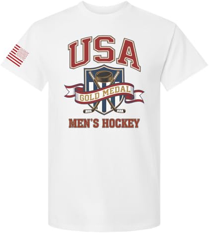 Trenz Shirt Company Men's Hockey Gold Medal T-Shirt - 2026 USA Champions Shield & Ribbon Graphic Tee-White-X-Large