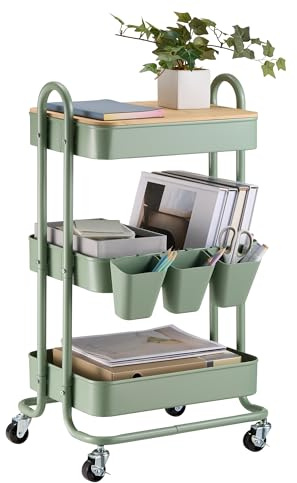 VonHaus Sage Green Storage Trolley - 3 Tier Bathroom Storage with 4 Wheels | Kitchen Trolley with Steel Frame & Bamboo Lid - Craft Cart with 3 Hanging Baskets & Hooks - Rolling Cart for Home Office