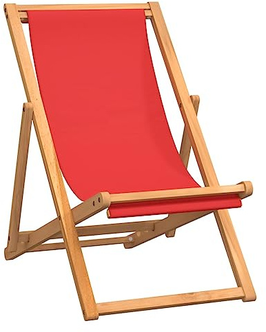 QJBSAVVA Silla de playa plegable de madera maciza de teca – Tumbona con respaldo ajustable y tela roja – Silla de jardín portátil para playa, camping y terraza – 56 x 105 x 96 cm