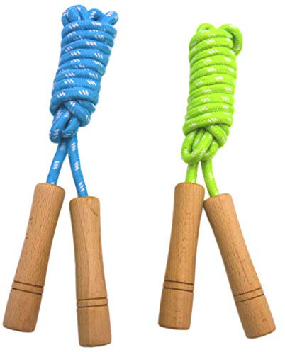 Homello Jump Rope for Kids - Wooden Handle - Adjustable Cotton Braided Fitness Skipping Rope for Toddler Fitness Workout Exercise Outdoor Activity (Green+Blue)