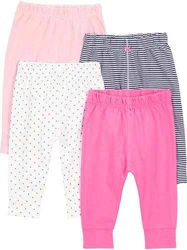 Simple Joys by Carter's 4-Pack Pant Pantaloni, Bianco Pois/Blu Marino Righe/Pesca Pallido/Rosa, 0 Mesi (Pacco da 4) Bimba