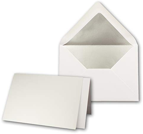 50x Silber-Metallic Faltkarten-SET - DIN B6 - Doppelkarte mit gefütterten weissen Briefumschlägen & Einlegern - Einladungskarten-Set von Gustav Neuser®