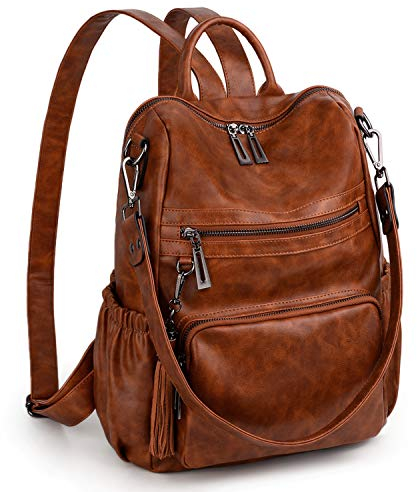 UTO Damen Rucksack PU Washed Leder Modischer Multifunktionsrucksack mit Quastendesign Lässige Schultertaschen vielen Kompartiment Reißverschluss Umhängetasche Rucksack Schulrucksack Dunkelbraunn