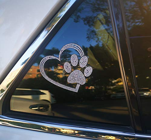 Kuufausi car Bling Stickers and Decals, Cars Walls Laptop Luggage Bling Rhinestone Stickers, Heart with Dog paw(4 X 3.5 Inch)