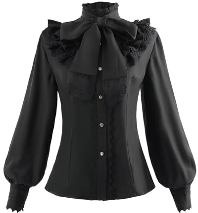 Fiamll Chemisier Victorien Vintage pour Femmes avec Nœud Col Montant à Volants Chemise à Manches Longues, a-noir, XXL