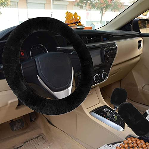 3 Stück Lenkradbezug Plüsch, Auto Lenkradbezug Winter, Auto Lenkradhülle Anti Rutsch Warme Plüsch Teleskop Lenkrad Abdeckung Handbremse Getriebe Abdeckung für Auto Zubehör - 38cm (Schwarz)