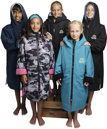 Vattentät skötbord för barn - varm och torr fleecejacka för flickor och pojkar - simning surfing poncho (svart/grå), Svart/grå, 10-13 años