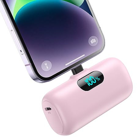 Mini Batterie Externe pour iPhone 5000mAh, Mise à niveau 15W PD 3.0A Charge rapide, Compact et Léger Power Bank Écran LCD Chargeur Portable Compatible avec iPhone 14/14 Pro Max/13/12/11/X/8/7/6 - Rose