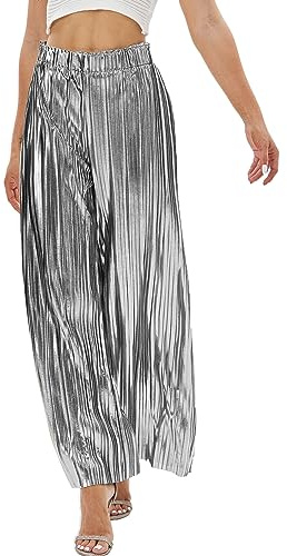 Fakanhui Pantaloni Palazzo da donna a gamba larga metallizzati, colore oro, argento, casual, da sera, da club, ecc, Argento, S