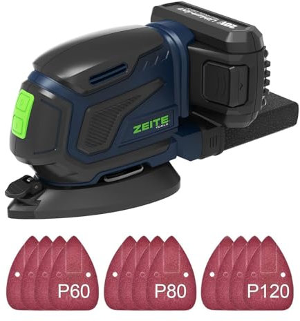 ZEITE 20V 2.0Ah Detail Sander Cordless, 13,000 OPM, 12Pcs Sanderpapers, Finger Sanding Design for Polishing of Small Details,Electic Sander for Woodworkiing, Dust Bag, Battery and Charger Included