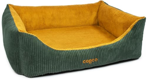 CopcoPet Hundebett Kyra Cord Goldgelb/Tannengrün L/XL 100 x 80 cm – Flauschiges Hundekörbchen mit hohem Rand & Einstieg – Waschbarer Bezug – Rutschfestes, bequemes Hundekissen für mittelgroße Hunde