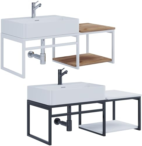 VCM 2-TLG. Waschplatz Waschtisch Badmöbel Set Waschbecken Holz Metall Industrial Style Bitila 100