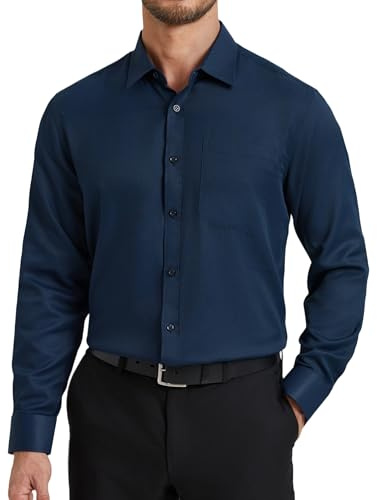 HISDERN Camicia Uomo Elegante Blu Navy Camicie da Uomo Manica Lunga di Cotone con Taschino Bottoni Regular Fit Formale Tinta Unita No Stiro 4XL