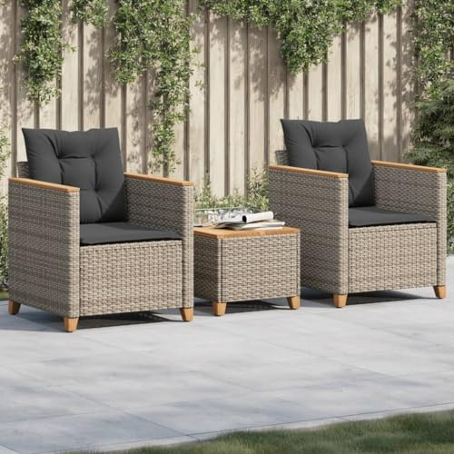 ZEYUAN 3-TLG. Bistro-set med kudde grå poly rotting akaciaträ, trädgårdsset bord och stolar, balkongmöbler för liten balkong, terrassmöbler, balkongset, möbeluppsättningar – 366314