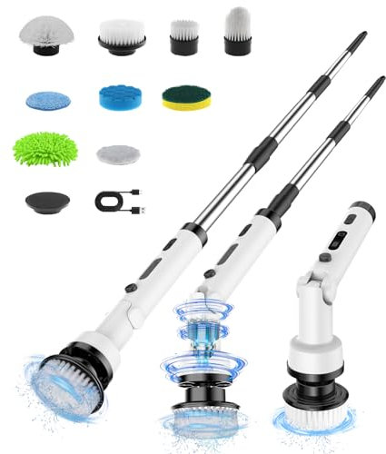 TEMOLA Cepillo Limpieza Eléctrico, Cepillo Electrico Limpieza Hogar con 9 Fregonas Eléctricas Reemplazables, 3 Velocidades Ajustable y Mango Largo Desmontable para Baño, Cocina, Electric Spin Scrubber